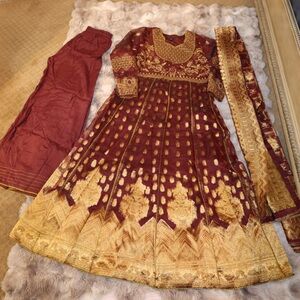 Sapphire 3 piece Elegant Maroon and Gold Embroidered Anarkali Suit
